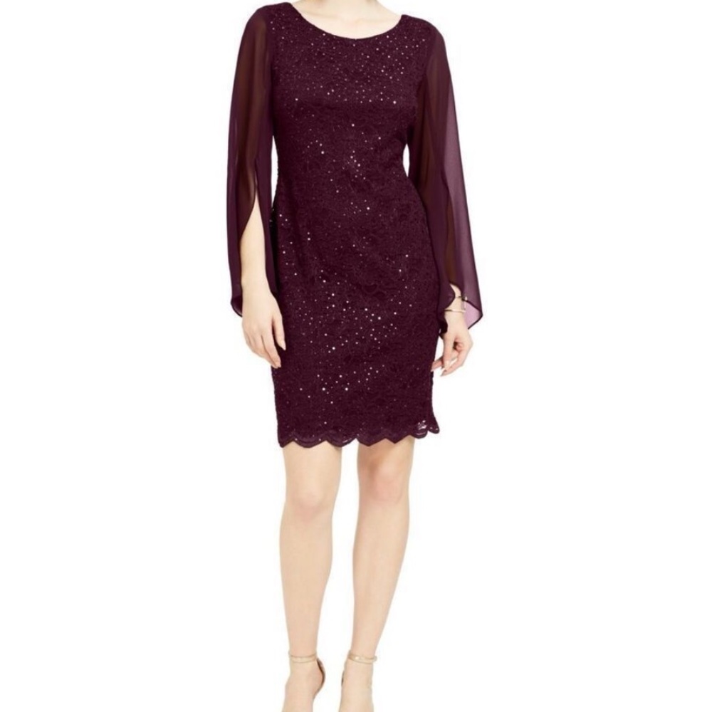 NWOT Connected Apparel Deep Purple Long Sheer Sleeve Sequin Formal Dress Size 6 - Picture 7 of 7